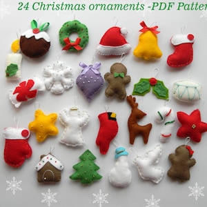 PDF pattern, 24 advent ornaments pattren, christmas ormaments , felt christmas ornament , easy sewing pattern,  hand sewing diy ornament