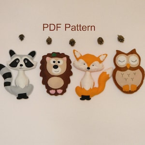 Animal  felt PDF pattern Felt Hand Sewing Fox Raccon Owl Hedgehog Plushie toy Pattern  woodland nursery decor Instant Download PDF