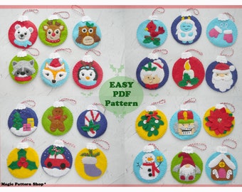 Felt Christmas Ornaments Applique: 24 Baubles Sewing Pattern (PDF)