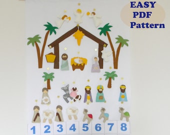 Nativity Advent Calendar PDf Pattern + 24 christmas Ornaments Felt Advent Pattern Holiday Countdown Sewing pattern Instant Download