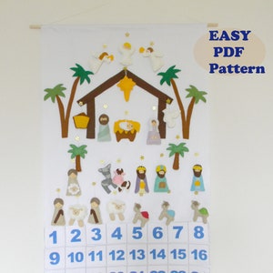 Kerststal adventskalender PDF-patroon + 24 kerstversieringen vilt adventspatroon vakantie aftellen naaipatroon Instant Download