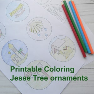 May include: Printable coloring ornaments for a Jesse Tree. The ornaments feature images of a snake and apple, a manger, a shell with raindrops, a robe, a globe, a rocking cradle, and a camel.