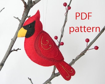 Christmas Cardinal ornament Felt cardinal  Red male cardinal Easy Sewing PDF Pattern Felt Bird Plush Bird Cardinal lover Instant Download