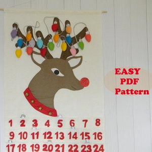 Reindeer Advent calendar PDF Pattern witch Christmas lights Felt Advent Calendar Christmas Countdown Rudolf red nose DIY kids craft