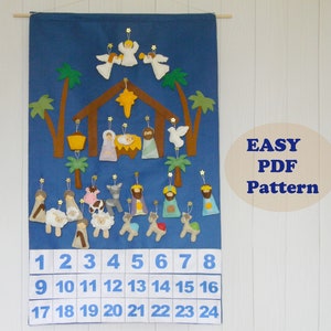Kerststal adventskalender PDF-patroon + 24 kerstversieringen vilt adventspatroon vakantie aftellen naaipatroon Instant Download