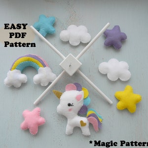 Unicorn mobile pattern PDF Rainbow Nursery Mobile Inicorn felt ornament sewing pattern Rainbow Star mobile pattern Boy Mobile Girl mobile