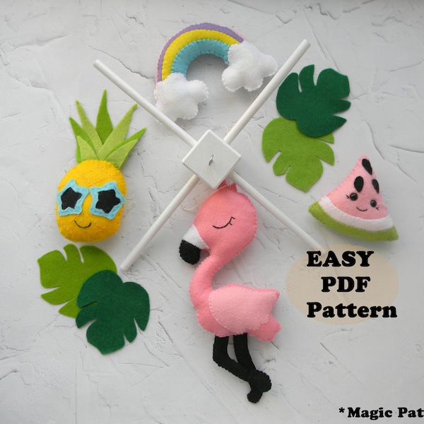 Flamingo baby mobile pattern PDF Tropical nursery mobile DIY felt mobile pattern Tropical Leaves Rainbow mobile Pineapple mobile sewing