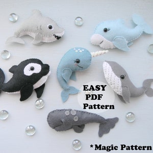 Sea creatures PDF pattern Felt sewing Shark whale dolphin narwhal orca nursery decor Ocean Animals ornament pdf sea life baby mobile