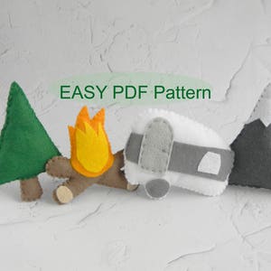 Camping Baby Mobile Pattern  PDF Happy camper pattern Felt Snowy Mountain Tree Firewood Camper Travel Trailer Decor Retro Caravan sewing