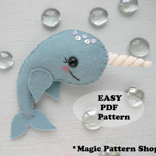 Narwhal PDF pattern Sea narwhal felt ornament pattern Felt Whale toy sewing pattern Cute Kawaii Narwhal Baby mobile toy ocean Nursery decor