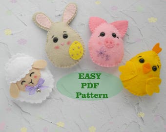Felt Easter Egg Ornament Pattern: Bunny, Lamb, Chicken, Pig (PDF Pattern)