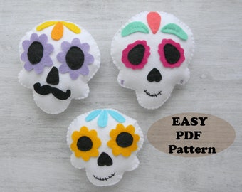 Felt Sugar Skull PDF and SVG pattern Day of the Dead Ornament pattern Embroidered Felt Skull Ornament DIY Halloween sugar skull garland