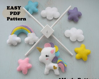 Unicorn mobile pattern PDF Rainbow Nursery Mobile Inicorn felt ornament sewing pattern Rainbow Star mobile pattern Boy Mobile Girl mobile