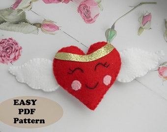 Valentines day pattern PDF Heart angel pattern Valentines angel heart sewing pattern Heart with wings pattern felt heart ornament PDF