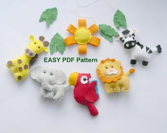 Safari Mobile Sewing Pattern Felt Animal Pattern PDF Felt Jungle Pattern Felt Lion Giraffe Zebra Elephant Parrot Pattern  Mobile DIY