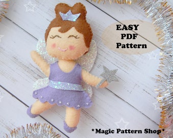 Könnte beinhalten: Ein Filz-Feen-Puppenmuster mit einem lila Kleid, braunen Haaren und einem silbernen Glitzerstab. Das Muster ist mit "Easy PDF Pattern" und "Magic Pattern Shop" beschriftet.