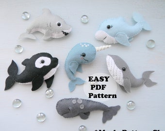 Sea creatures PDF pattern Felt sewing Shark whale dolphin narwhal orca nursery decor Ocean Animals ornament pdf sea life baby mobile