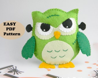 Frankenstein owl toy Felt PDF sewing pattern Cute Halloween Owl pattern Felt Halloween patterns Easy PDF sewing DIY Halloween ornaments