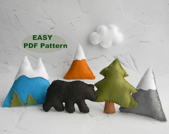 PDF pattern Mountain Nursery Mountain Baby Mobile Pattern Felt bear Snowy Mountain Tree Cloud  Adventure awaits DIY plush toy