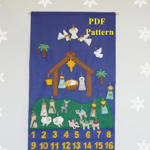 PDF Kerststal adventskalender + 24 kerstversieringen Vilt Advent PDF Patroon Vakantie Countdown Naaipatroon Direct downloaden