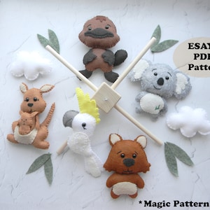 animals PDF Pattern Australia animals felt baby mobile pattern koala cockatoo wombat platypus kangaroo PDF sewing pattern