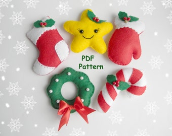 Set PDF pattern christmas ornaments pattern Felt Star Mitten Stocking Candy cane ornaments  Christmas decorations pattern DIY projects