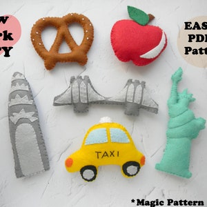 New York City baby mobile pattern PDF felt landmarks ornament Statue of liberty Brooklyn bridge Taxi Apple Chrysler Building Pretzel