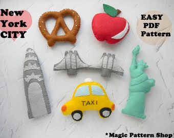 New York City baby mobile pattern PDF felt landmarks ornament Statue of liberty Brooklyn bridge Taxi Apple Chrysler Building Pretzel