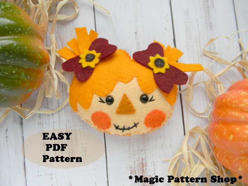Fall Scarecrow ornament felt pattern Harvest ornament pattern PDF scarecrow face Sewing Craft Autumn Fall Decor pattern