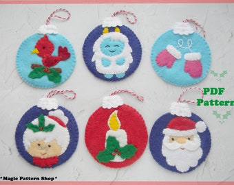 Christmas baubles PDF pattern Christmas ornament felt Easy sewing pattern Santa MRs Claus Yeti Mitten Candle Cardinal bird  Christmas DIY