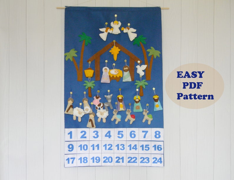 Nativity Advent Calendar PDf Pattern 24 christmas Ornaments Felt Advent Pattern Holiday Countdown Sewing pattern Instant Download image 1