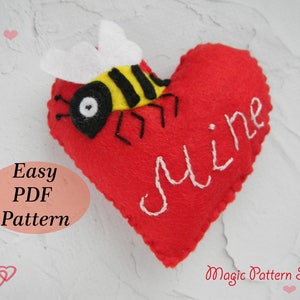 Bee mine Valentines day pattern PDF Felt heart ornaments pattern Kawaii Valentine&#39;s Day Pattern Felt heart pattern embroidery bee applique
