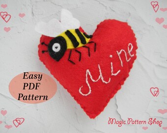 Bee Mine Felt Heart Ornament Pattern: Kawaii Valentine's Day Embroidery (PDF Pattern)