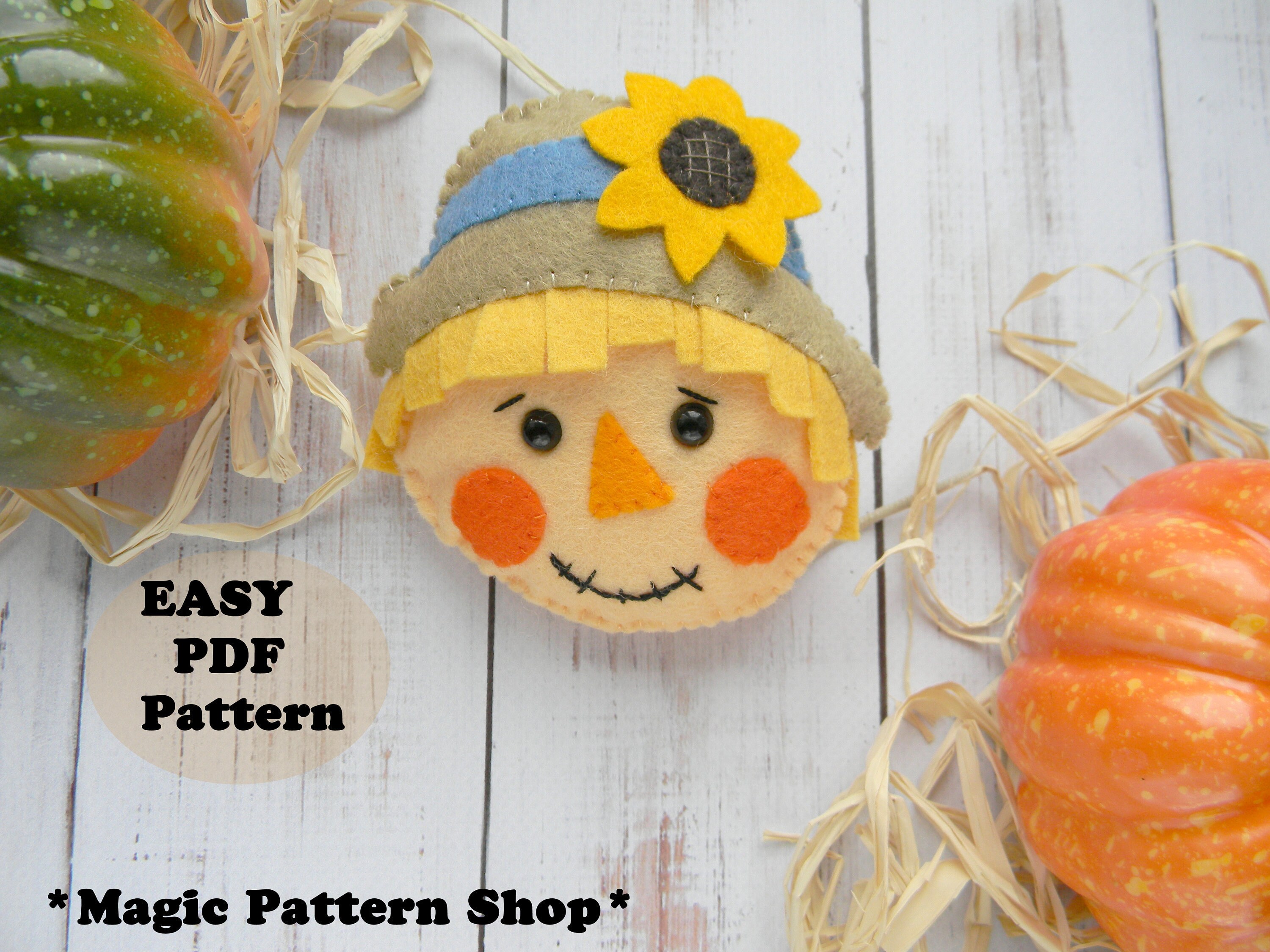 Fall Scarecrow ornament felt pattern Harvest ornament pattern PDF scarecrow face Sewing Craft Autumn Fall Decor pattern