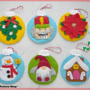 Set 6 Christmas baubles PDF pattern Christmas ornament pattern felt mistletoe nutcracker snowman poinsettia  gnome gingerbread house