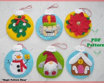 Set 6 Christmas baubles PDF pattern Christmas ornament pattern felt mistletoe nutcracker snowman poinsettia  gnome gingerbread house