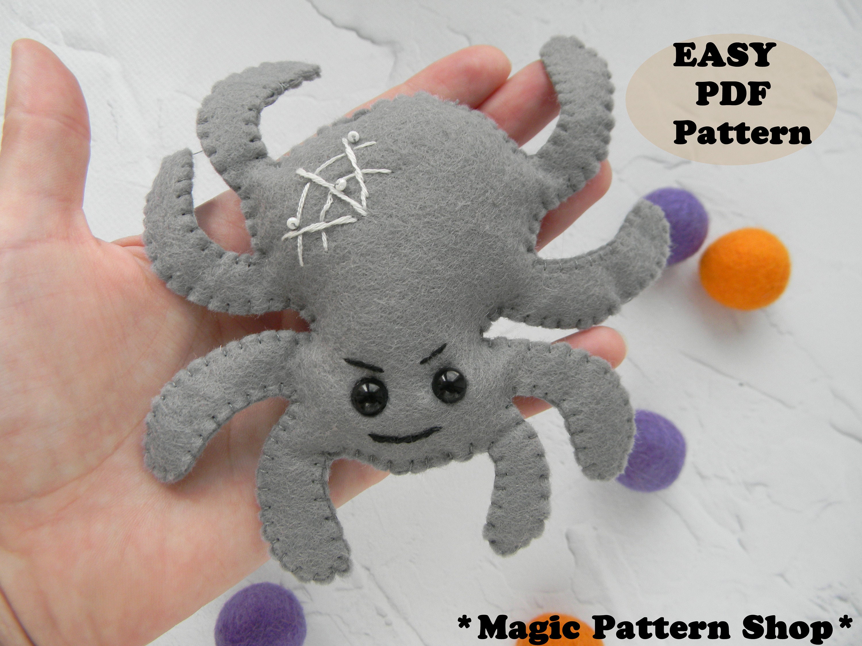 Stuffed Spider Pattern Felt Spider Ornament Pattern: Easy Halloween Plushie Tutorial (PDF ...