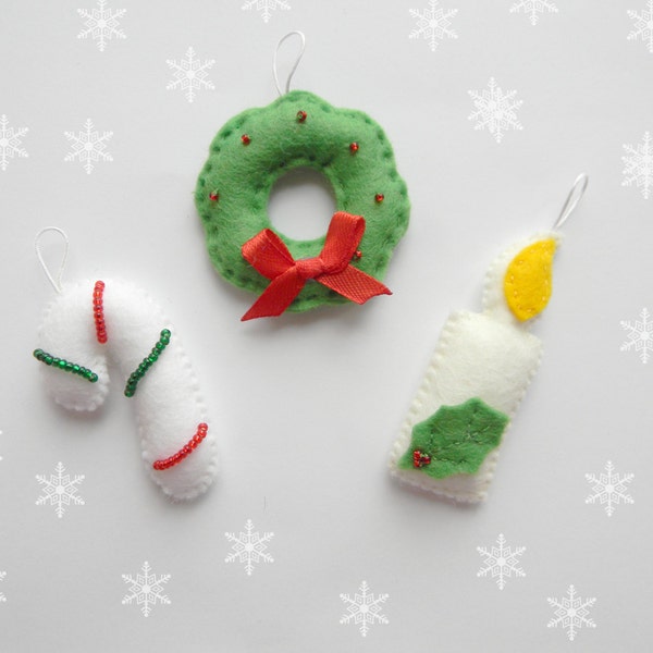 PDF pattern, Easy christmas ornaments pattern, Candy Cane  Wreath Candle felt ornament, easy sewing pattern, softie pattern, diy ornament