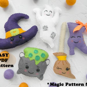 May include: A set of five felt Halloween character patterns, including a witch's hat, a ghost, a cauldron, a witch's boot, and a broom. The patterns are easy to follow and perfect for creating adorable Halloween decorations.