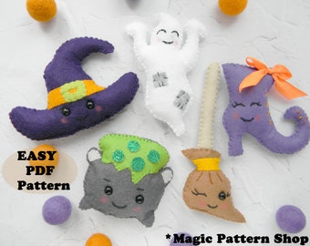 Felt Halloween Ornaments Sewing Pattern: Witch, Ghost, Cauldron (PDF)