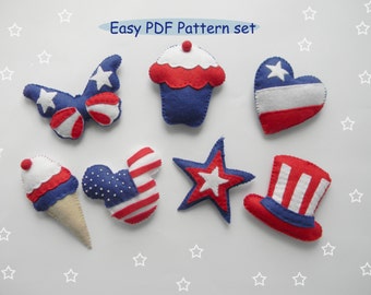 July 4th Decoration Pattern Patriotic Decoration Felt Plushie Sewing Pattern & Tutorial Star Butterfly  mous Heart ornament pattern