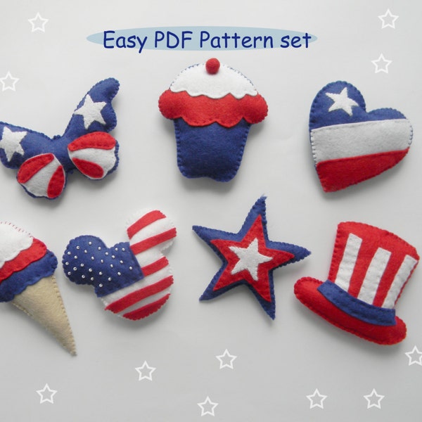 July 4th Decoration Pattern Patriotic Decoration Felt Plushie Sewing Pattern & Tutorial Star Butterfly  mous Heart ornament pattern