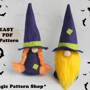 May include: Two felt Halloween gnomes with purple hats, one with orange braids and the other with yellow hair. The hats have green trim and a green diamond shape. The text "EASY PDF Pattern" is on the image.  *Magic Pattern Shop* is also on the image.