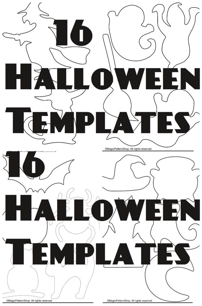 以下が含まれることがあります： ハロウィンのテンプレートが16個入った印刷可能なシート。テンプレートには、魔女、幽霊、コウモリ、猫、クモ、カボチャなどが含まれています。「16 HALLOWEEN TEMPLATES」というテキストがシートの上部に黒で印刷されています。&copy;MagicPatternShop. All rights reserved.