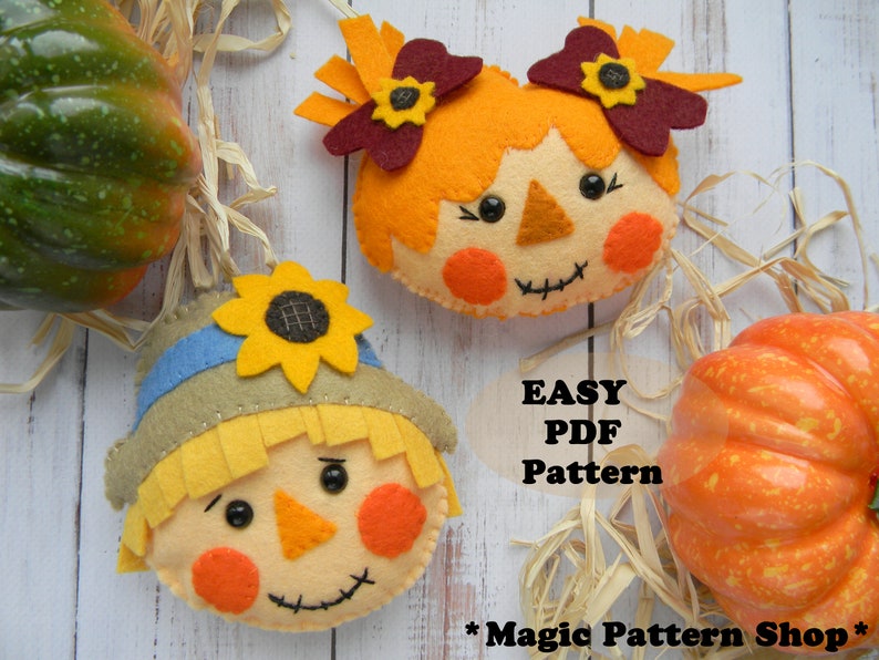 Fall Scarecrow ornament felt pattern Harvest ornament pattern PDF scarecrow face Sewing Craft Autumn Fall Decor pattern