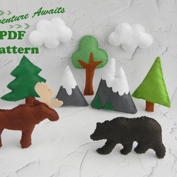 Mountain Baby Mobile Pattern Felt bear moose mobile PDF pattern Adventure Awaits Felt Tree Mountain Nursery decor diy baby mobile plush toy