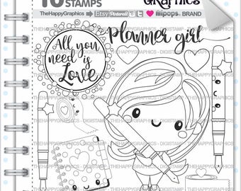 Planner Girl Stamps Commercial Use Digi Stamp Digital Image Planning Digistamp Coloring Page Cliparts