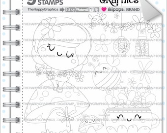 Spring Stamps Commercial Use Digi Stamp Digital Image Digistamp Coloring Page Kawaii Cute Flowers