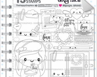 Love Stamps Commercial Use Digi Stamp Digital Image Digistamp Coloring Page Valentines Day Planner Girl