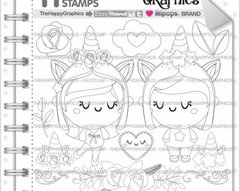 Unicorn Stamps Commercial Use Digi Stamp Digital Image Love Digistamp Coloring Page Valentines Day Cute